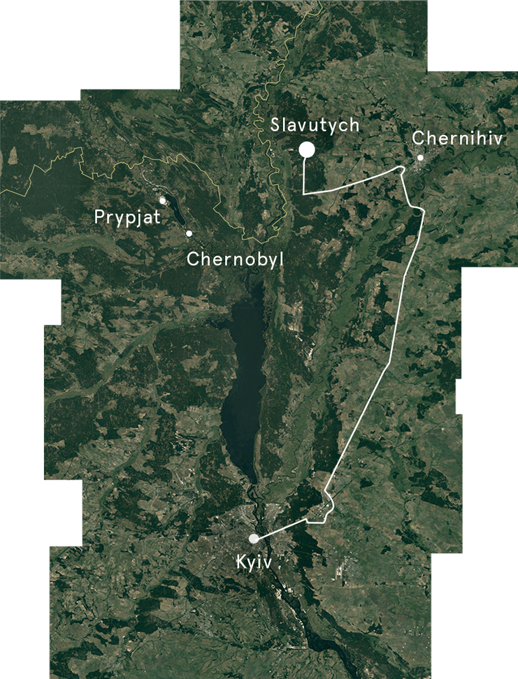 Map showing Slavutych, Chernobyl, Prypiat and Kyiv